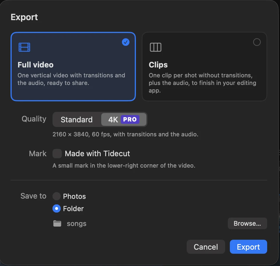 The Export sheet with a choice of Full video or Clips, Standard or 4K quality, and saving to Photos or a folder